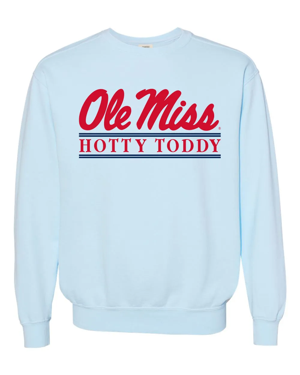 Comfort Color Powder Blue Sweatshirt With Ole Miss Script Bar Design