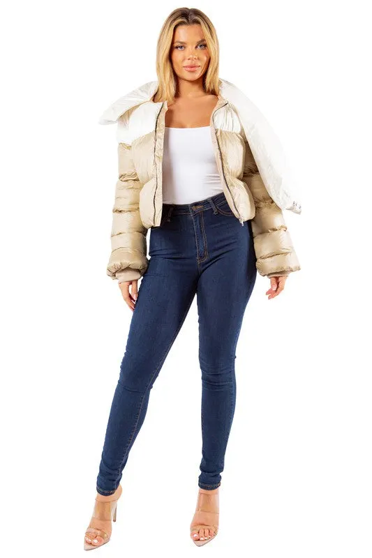 Hot Girl Cozy Cloud Color Block Cropped Puffer Jacket