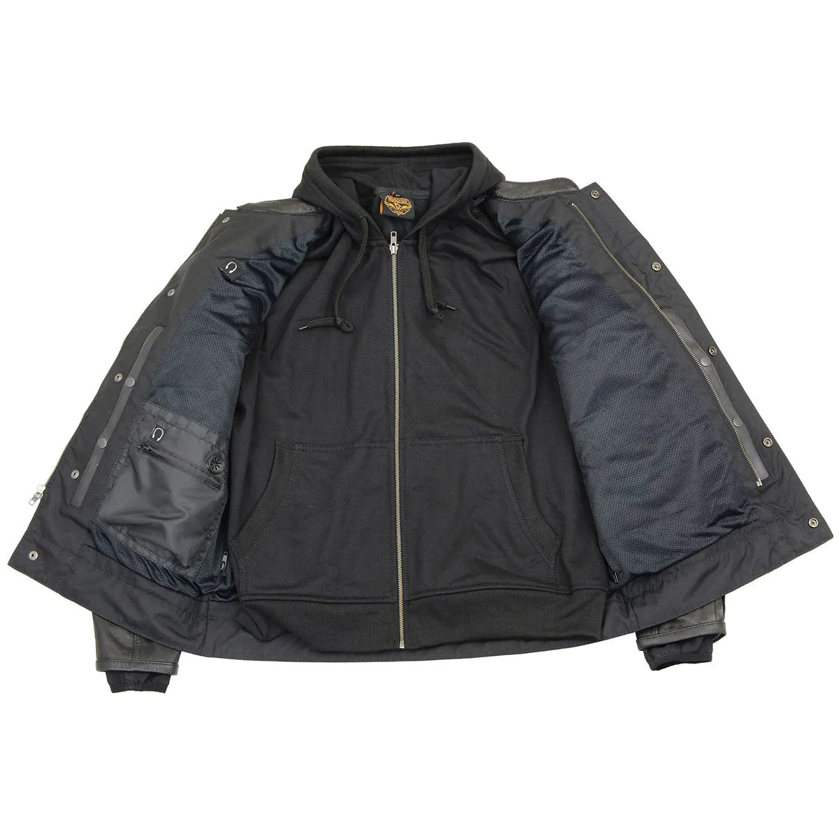 Milwaukee Leather MLM1537 Men's Black Leather Utility Pocket Vented Jacket with Removable Hoodie
