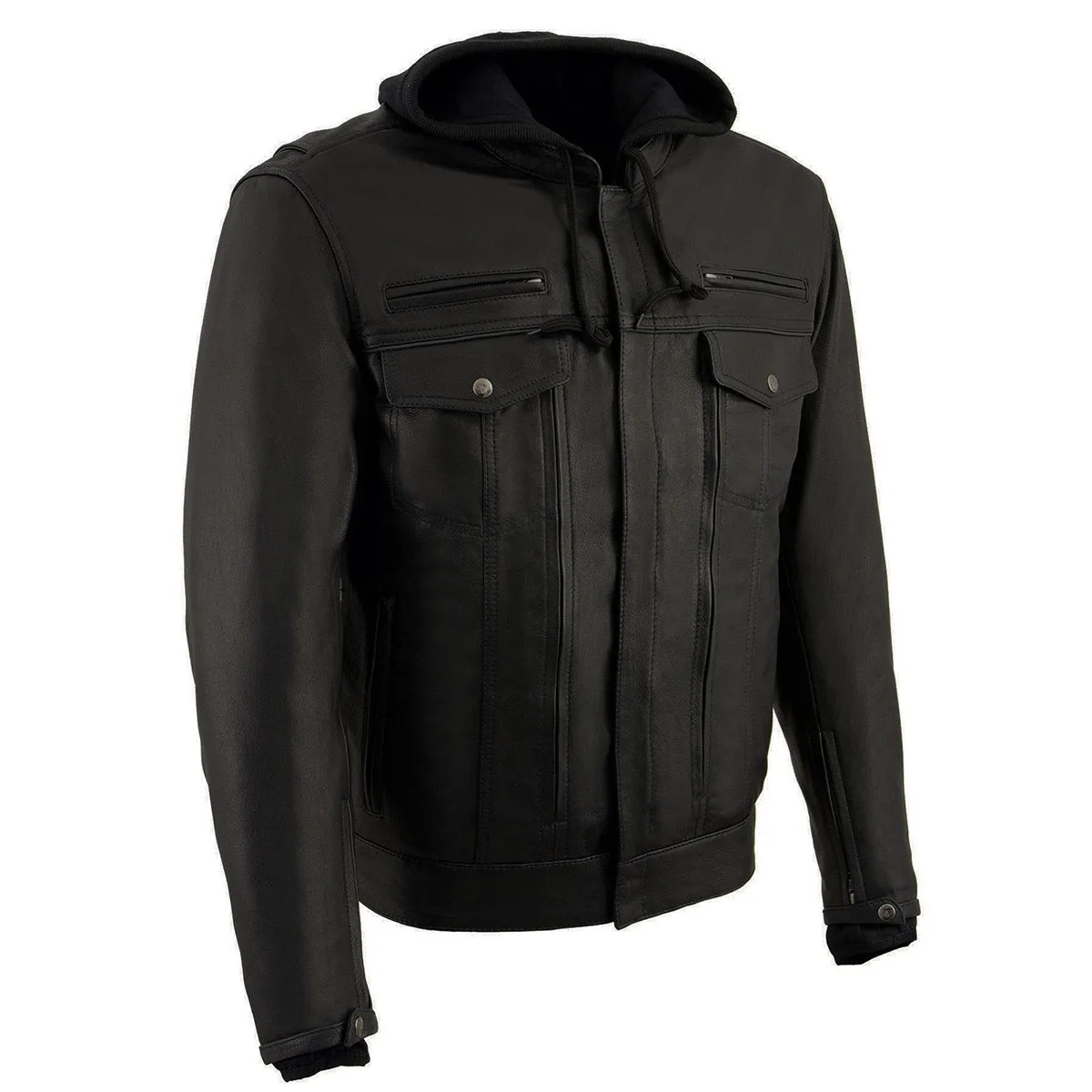 Milwaukee Leather MLM1537 Men's Black Leather Utility Pocket Vented Jacket with Removable Hoodie