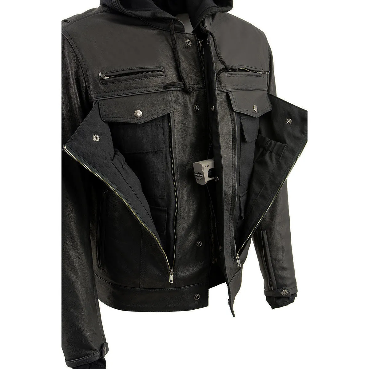 Milwaukee Leather MLM1537 Men's Black Leather Utility Pocket Vented Jacket with Removable Hoodie
