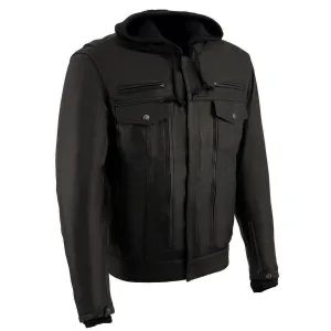 Milwaukee Leather MLM1537 Men's Black Leather Utility Pocket Vented Jacket with Removable Hoodie