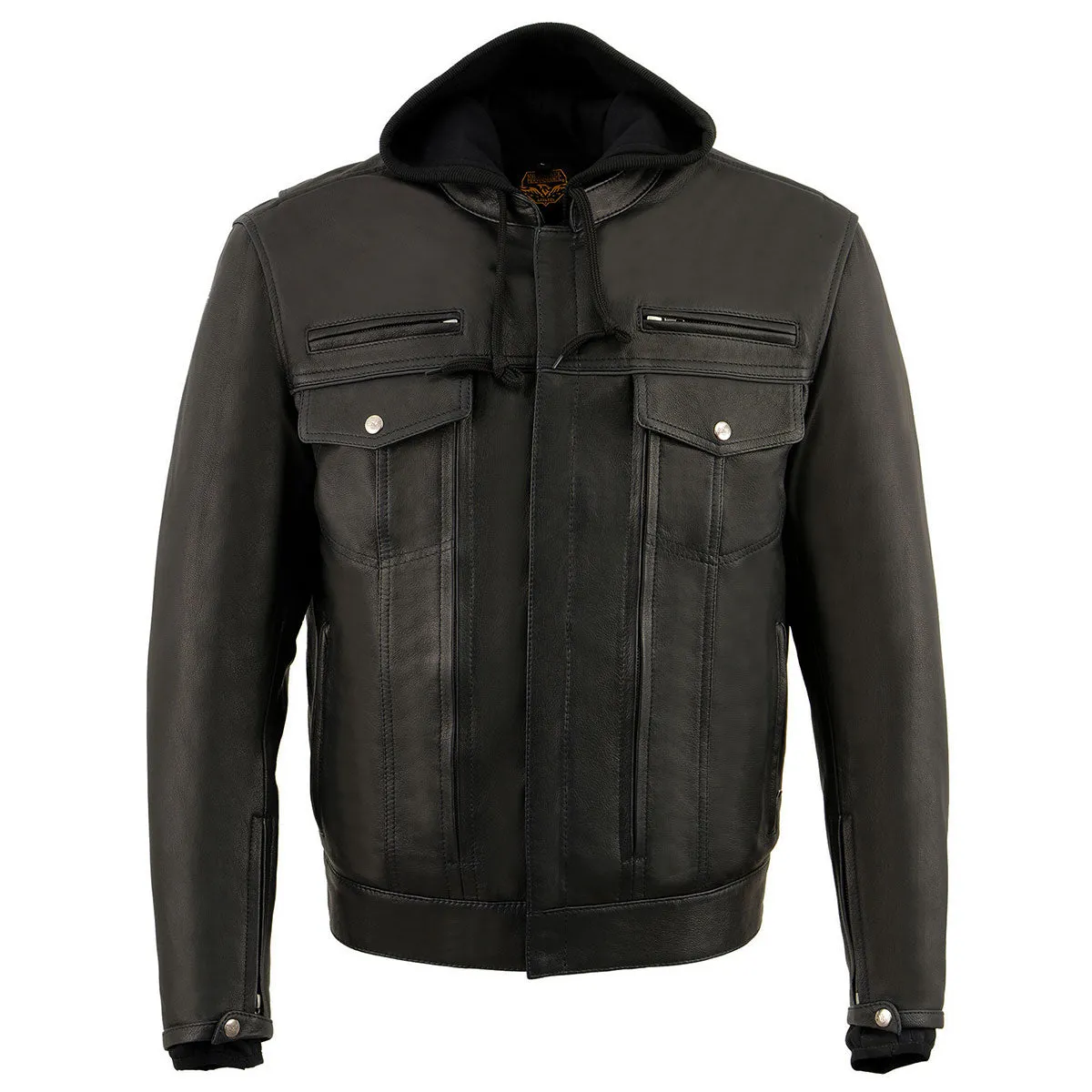 Milwaukee Leather MLM1537 Men's Black Leather Utility Pocket Vented Jacket with Removable Hoodie