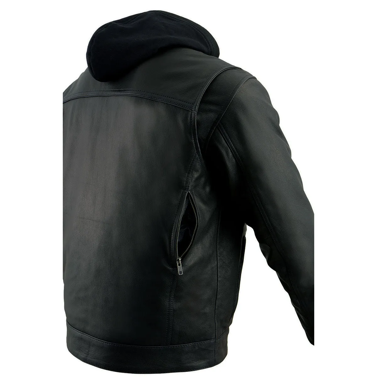 Milwaukee Leather MLM1537 Men's Black Leather Utility Pocket Vented Jacket with Removable Hoodie