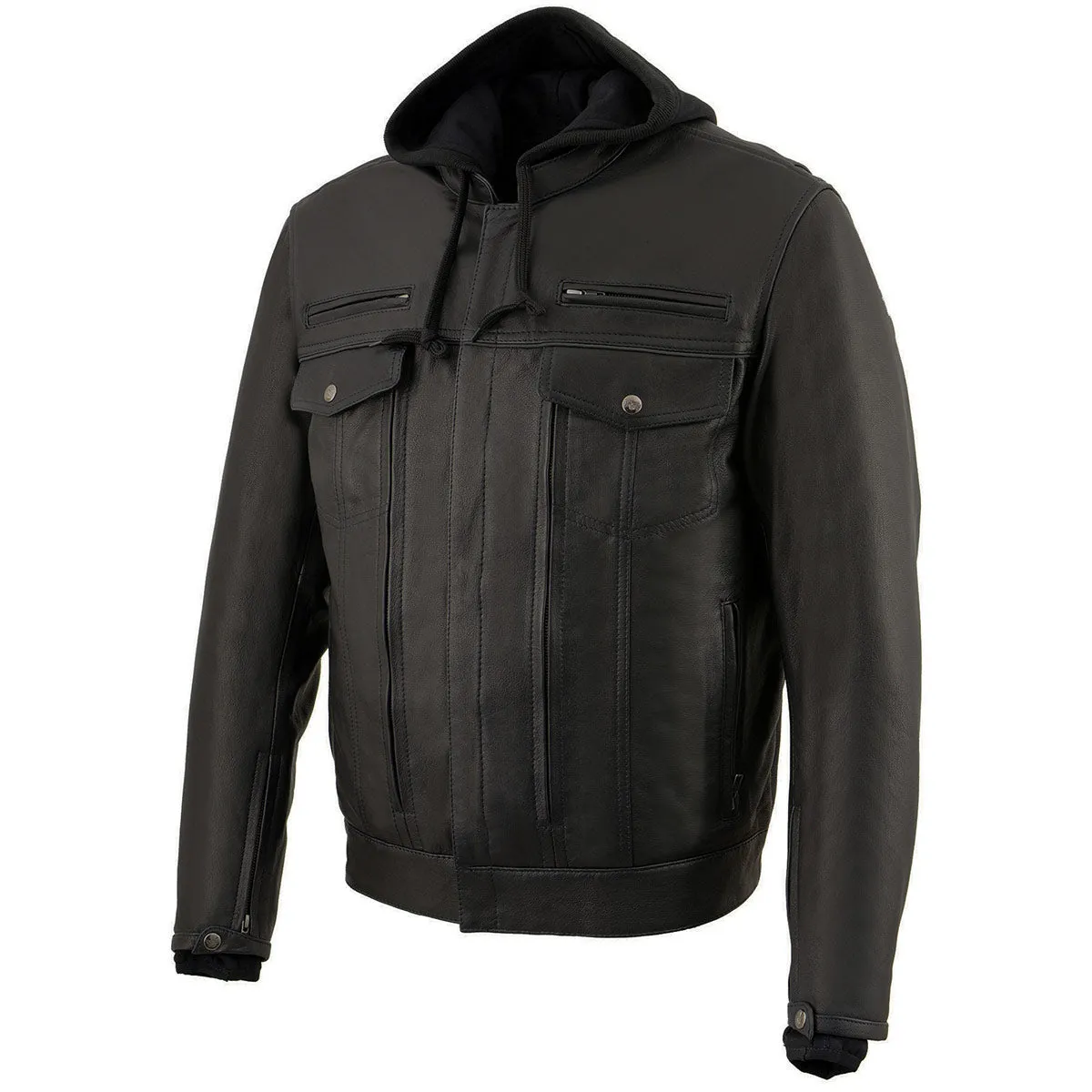 Milwaukee Leather MLM1537 Men's Black Leather Utility Pocket Vented Jacket with Removable Hoodie