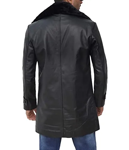 Shearling Black Leather Trench Coat Mens  Real Lambskin Long Leather Jacket Fur Coats