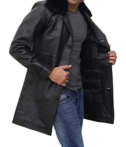 Shearling Black Leather Trench Coat Mens  Real Lambskin Long Leather Jacket Fur Coats