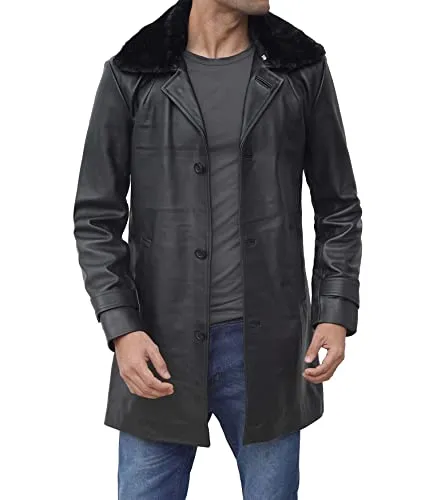 Shearling Black Leather Trench Coat Mens  Real Lambskin Long Leather Jacket Fur Coats