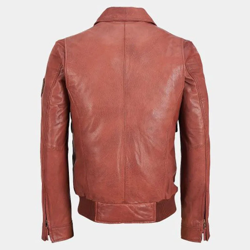 Shop Best Quality of Fashion Brown leather Bomber Jacket With Patches